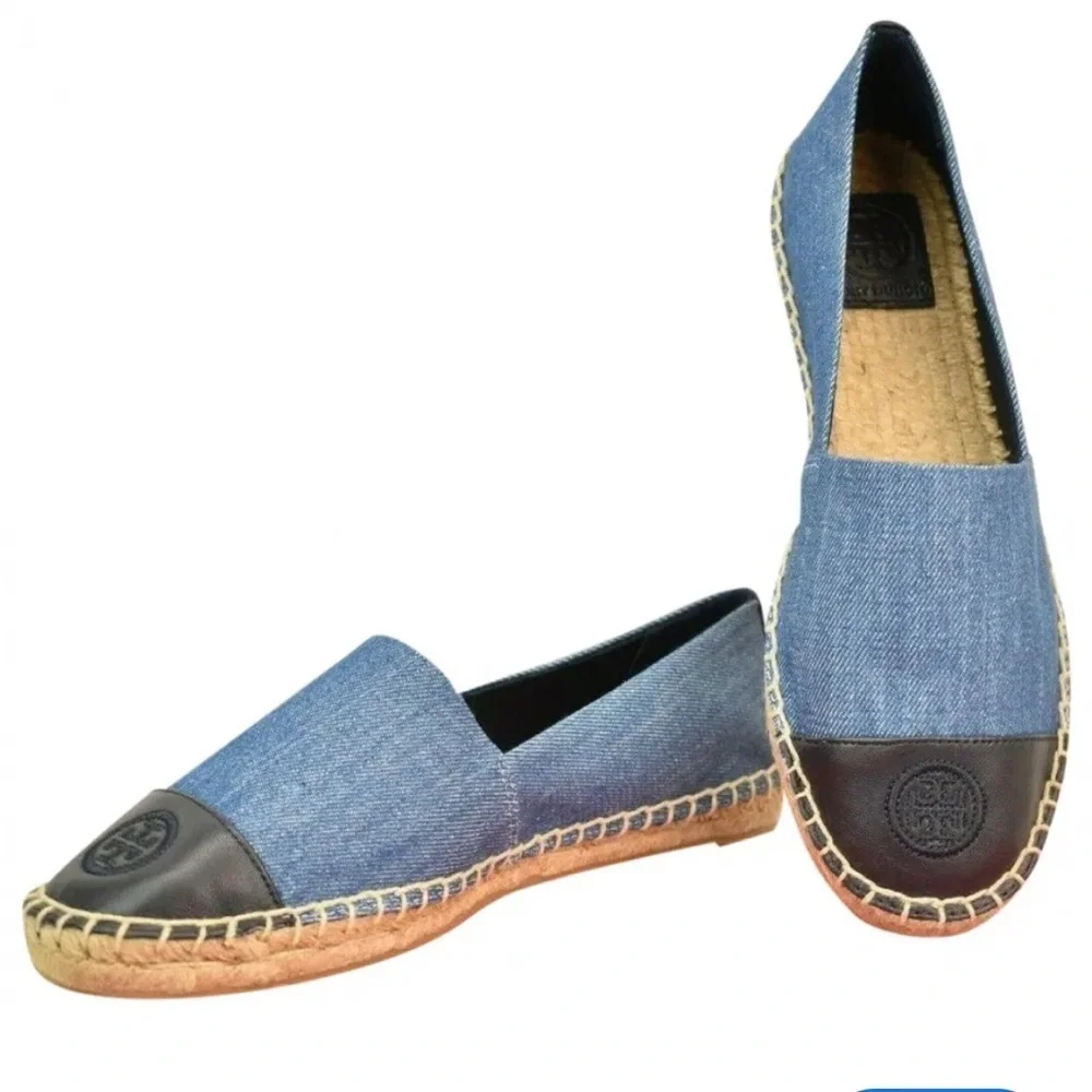 Tory Burch Denim Blue and Black Leather Espadrilles